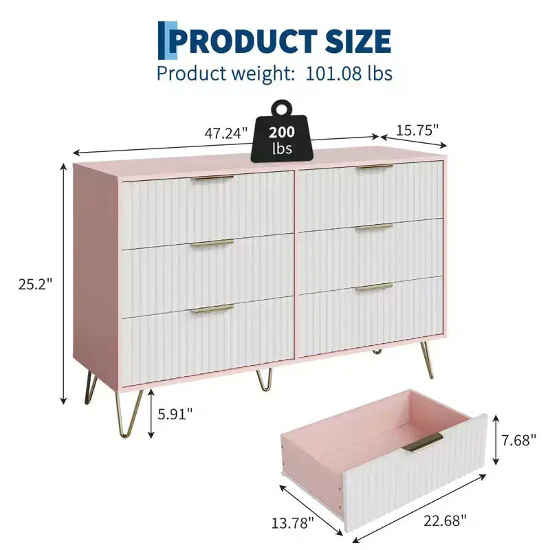 COZONY Fluted Dresser with 6 Drawers, 47 Wide Modern Chest with Metal Handles for Bedroom & Living Room