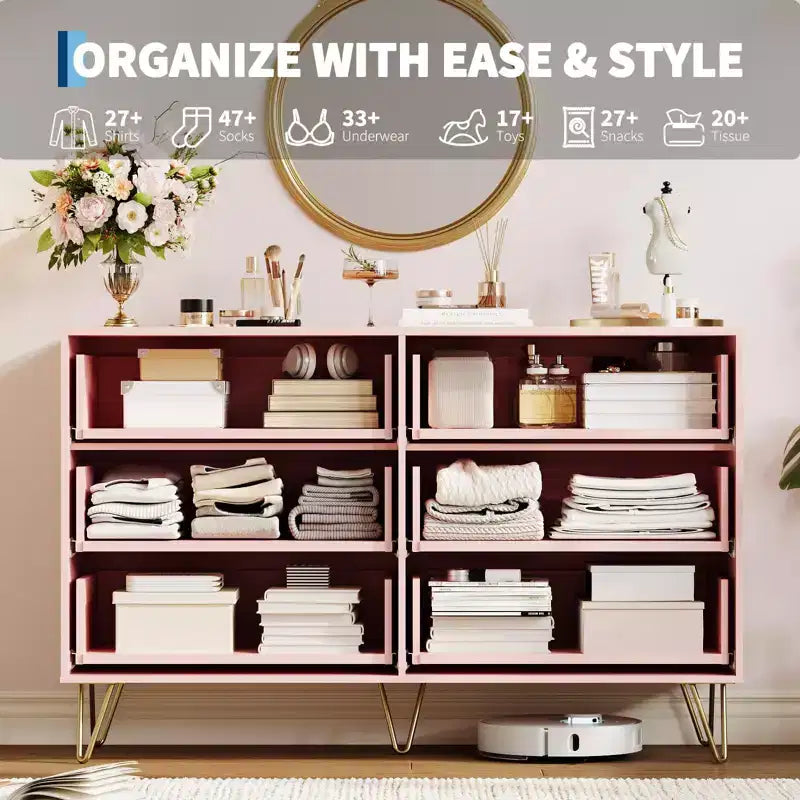 COZONY Fluted Dresser with 6 Drawers, 47 Wide Modern Chest with Metal Handles for Bedroom & Living Room
