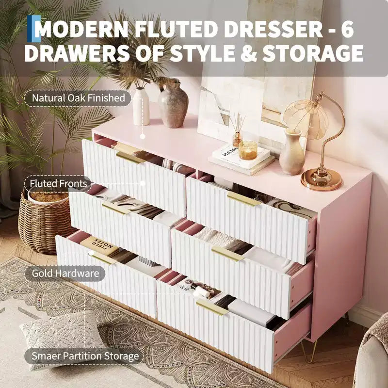 COZONY Fluted Dresser with 6 Drawers, 47 Wide Modern Chest with Metal Handles for Bedroom & Living Room