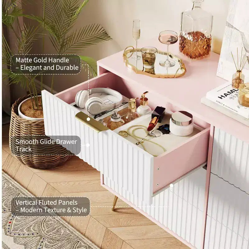 COZONY Fluted Dresser with 6 Drawers, 47 Wide Modern Chest with Metal Handles for Bedroom & Living Room