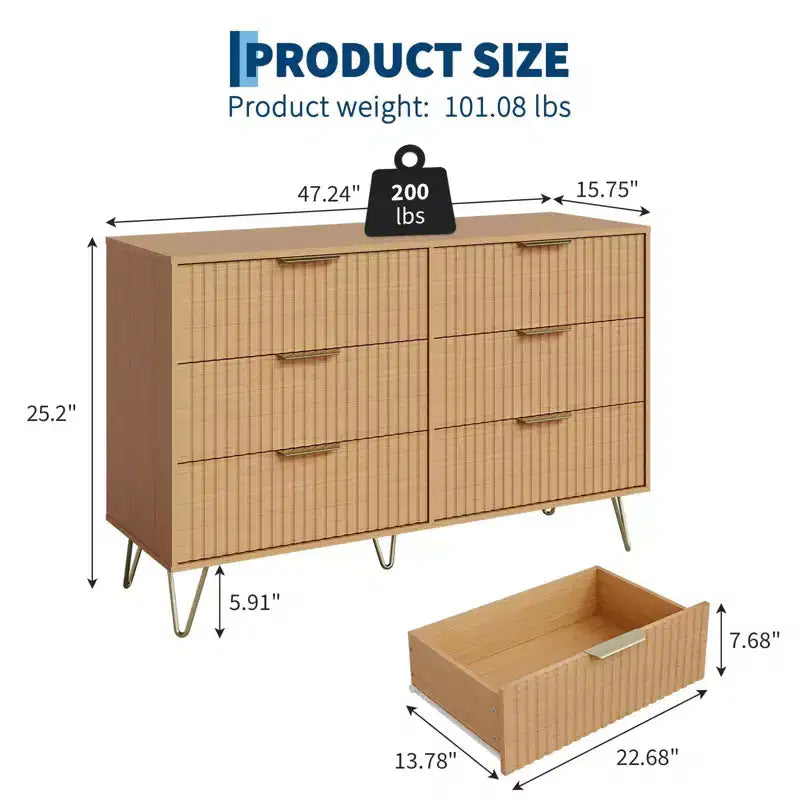 COZONY Fluted Dresser with 6 Drawers, 47 Wide Modern Chest with Metal Handles for Bedroom & Living Room
