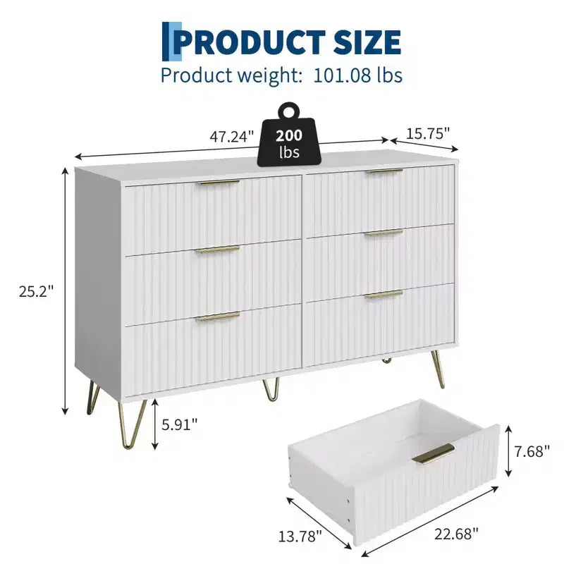 COZONY Fluted Dresser with 6 Drawers, 47 Wide Modern Chest with Metal Handles for Bedroom & Living Room