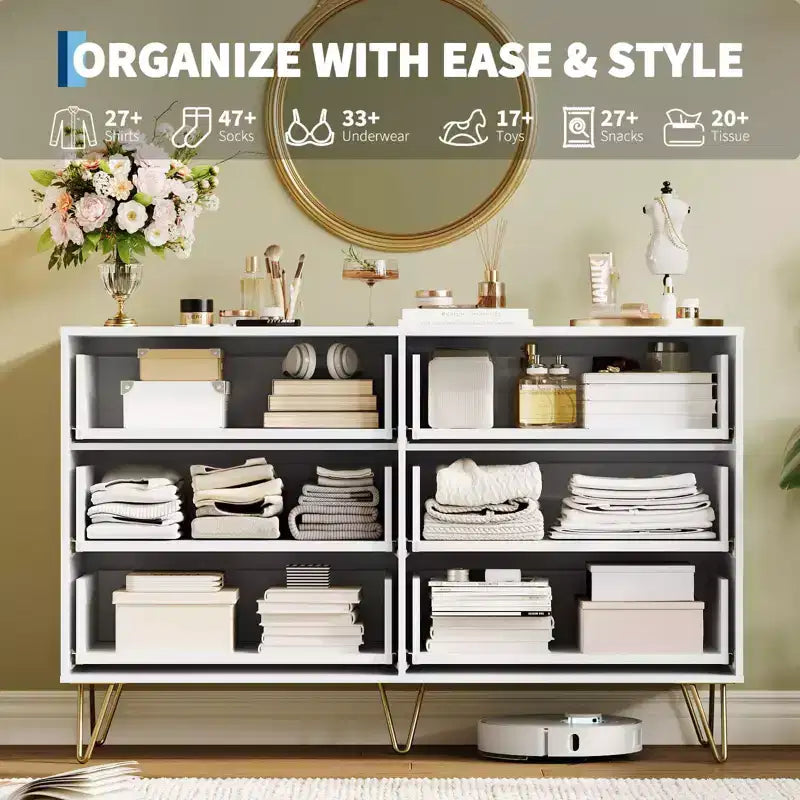 COZONY Fluted Dresser with 6 Drawers, 47 Wide Modern Chest with Metal Handles for Bedroom & Living Room