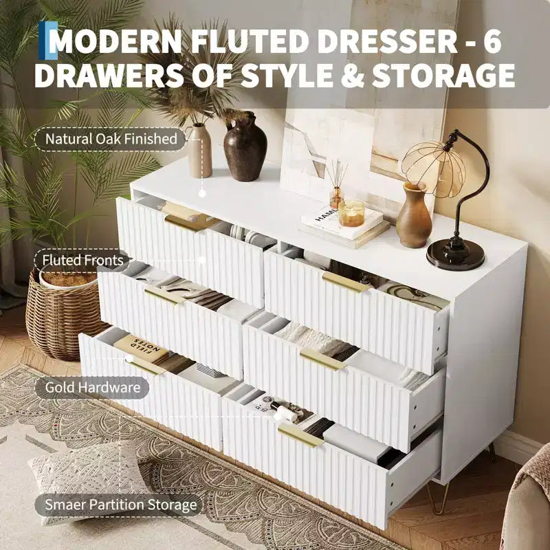 COZONY Fluted Dresser with 6 Drawers, 47 Wide Modern Chest with Metal Handles for Bedroom & Living Room