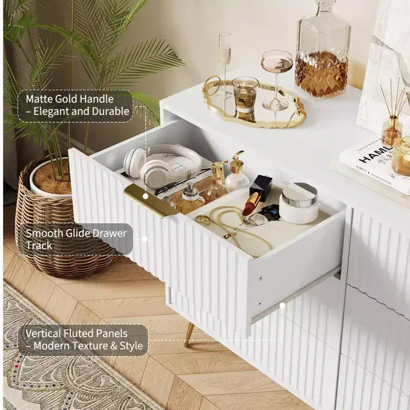 COZONY Fluted Dresser with 6 Drawers, 47 Wide Modern Chest with Metal Handles for Bedroom & Living Room