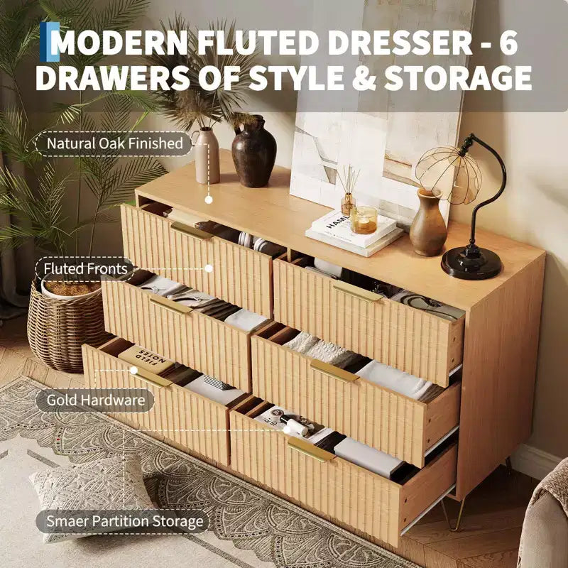 COZONY Fluted Dresser with 6 Drawers, 47 Wide Modern Chest with Metal Handles for Bedroom & Living Room