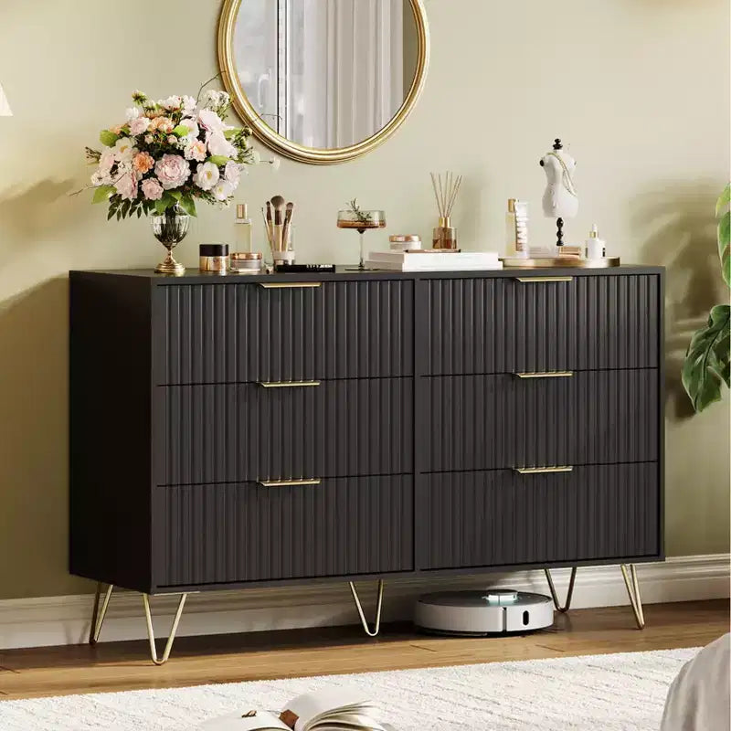 COZONY Fluted Dresser with 6 Drawers, 47 Wide Modern Chest with Metal Handles for Bedroom & Living Room