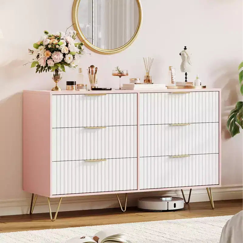 COZONY Fluted Dresser with 6 Drawers, 47 Wide Modern Chest with Metal Handles for Bedroom & Living Room