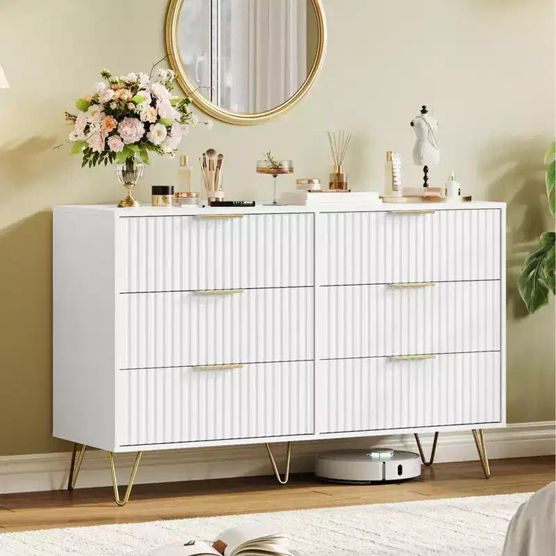 COZONY Fluted Dresser with 6 Drawers, 47 Wide Modern Chest with Metal Handles for Bedroom & Living Room