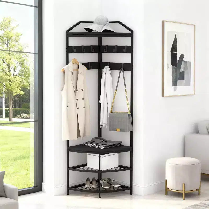 Corner Coat Rack with Storage, Simple Hall Tree with Mesh Shelves, Anti-Toppling Devices, Freestanding Metal Clothes Rack Shoes Shelf Organizer,Black