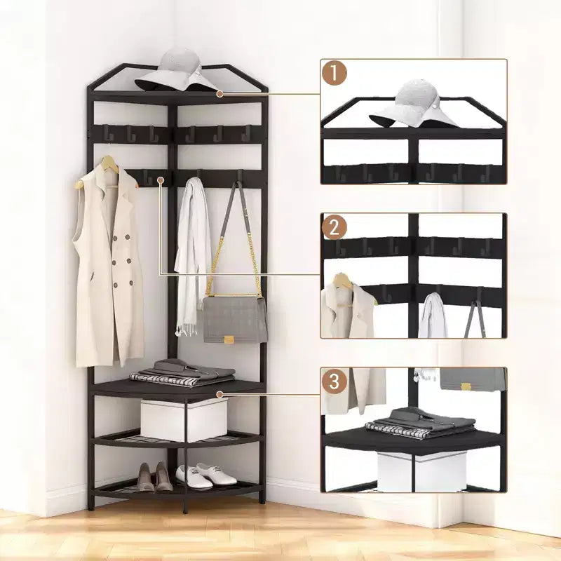 Appendiabiti angolare con contenitore, attaccapanni semplice con ripiani in rete, dispositivi antiribaltamento, scaffale indipendente in metallo per vestiti e scarpe, nero