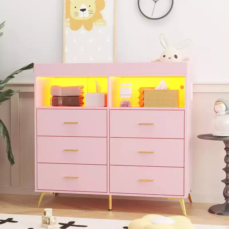 Comò COZONY per camera da letto con piano fasciatoio, comò fasciatoio per bambini a 6 cassetti con ripiani aperti