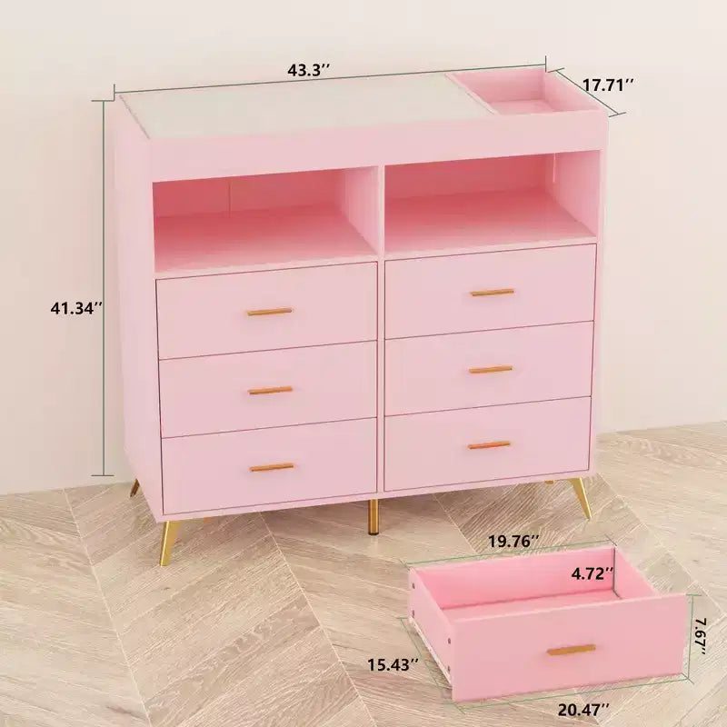 Comò COZONY per camera da letto con piano fasciatoio, comò fasciatoio per bambini a 6 cassetti con ripiani aperti
