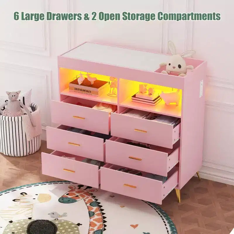 Comò COZONY per camera da letto con piano fasciatoio, comò fasciatoio per bambini a 6 cassetti con ripiani aperti