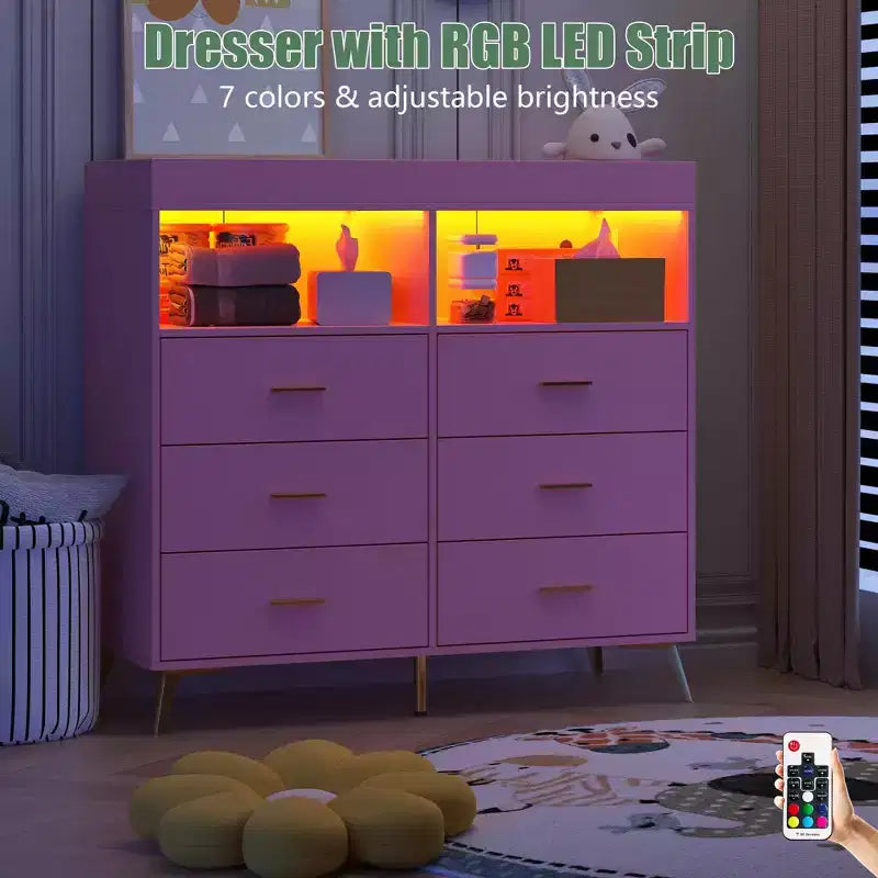 Comò COZONY per camera da letto con piano fasciatoio, comò fasciatoio per bambini a 6 cassetti con ripiani aperti