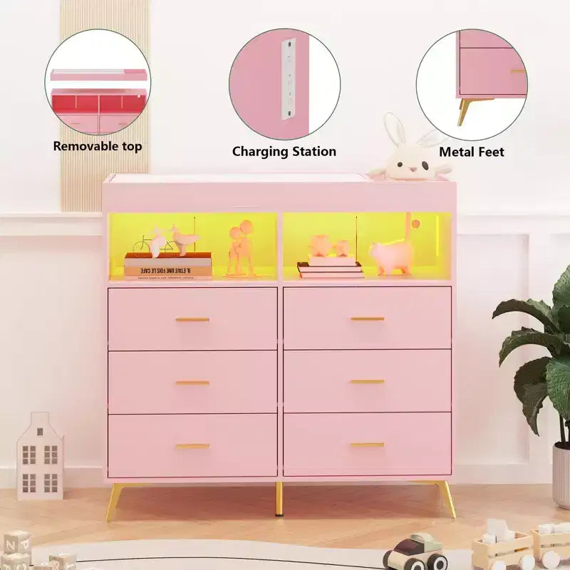 Comò COZONY per camera da letto con piano fasciatoio, comò fasciatoio per bambini a 6 cassetti con ripiani aperti