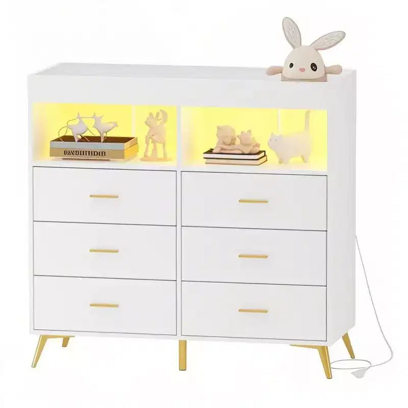 Comò COZONY per camera da letto con piano fasciatoio, comò fasciatoio per bambini a 6 cassetti con ripiani aperti