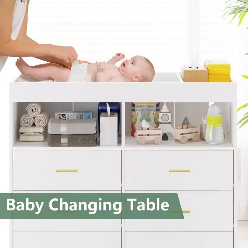 Comò COZONY per camera da letto con piano fasciatoio, comò fasciatoio per bambini a 6 cassetti con ripiani aperti
