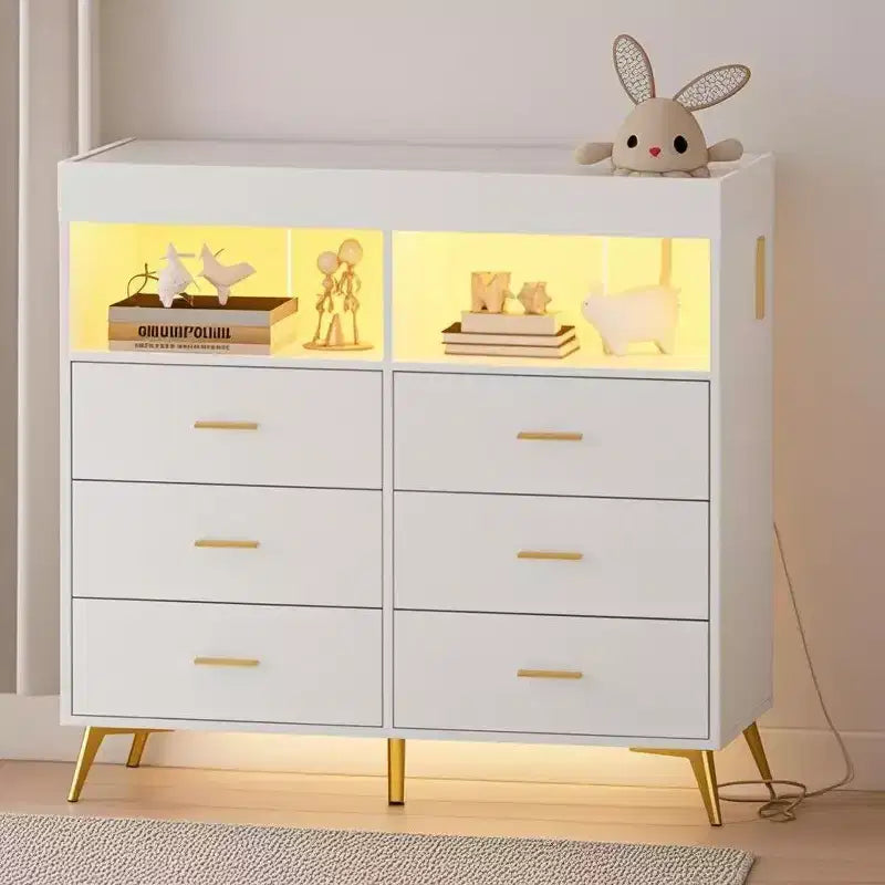 Comò COZONY per camera da letto con piano fasciatoio, comò fasciatoio per bambini a 6 cassetti con ripiani aperti