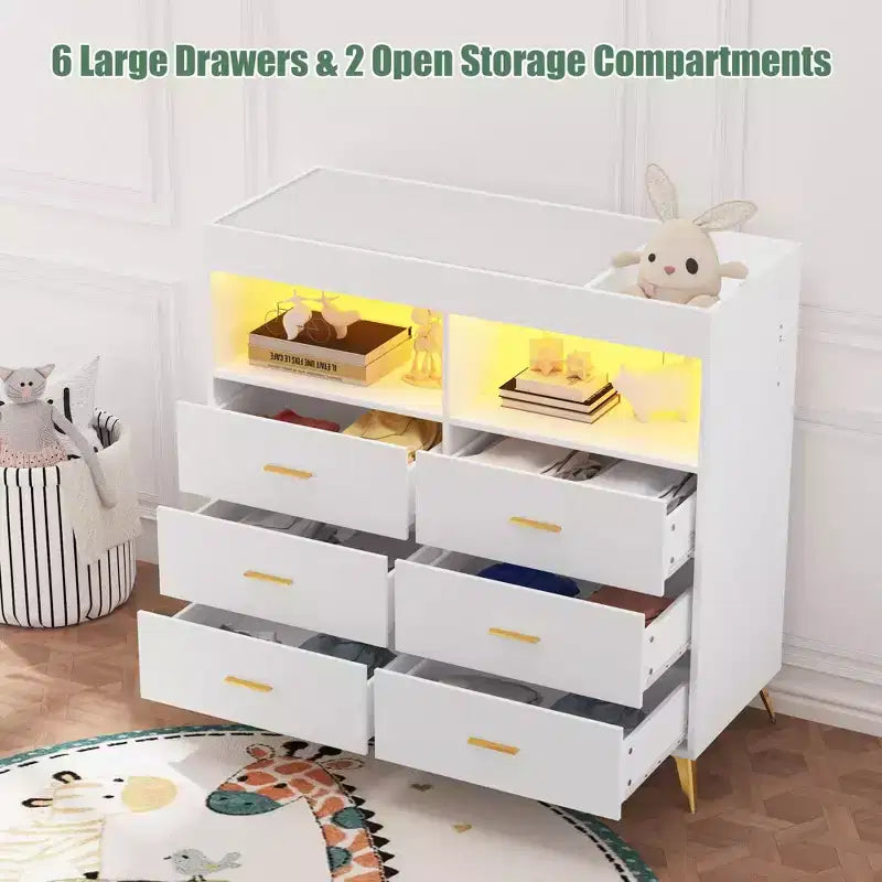 Comò COZONY per camera da letto con piano fasciatoio, comò fasciatoio per bambini a 6 cassetti con ripiani aperti