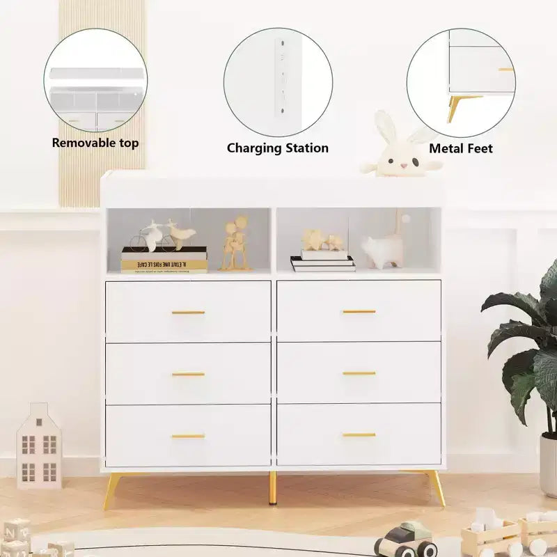 Comò COZONY per camera da letto con piano fasciatoio, comò fasciatoio per bambini a 6 cassetti con ripiani aperti