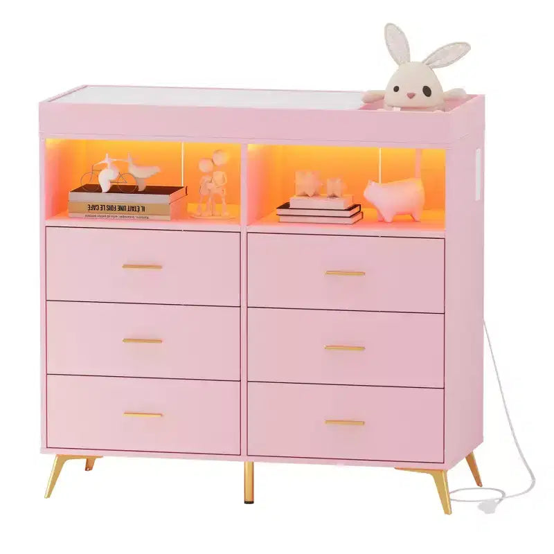 COZONY Dresser for Bedroom with Changing Table Top, 6 Drawer Baby Changing Table Dresser with Open Shelves