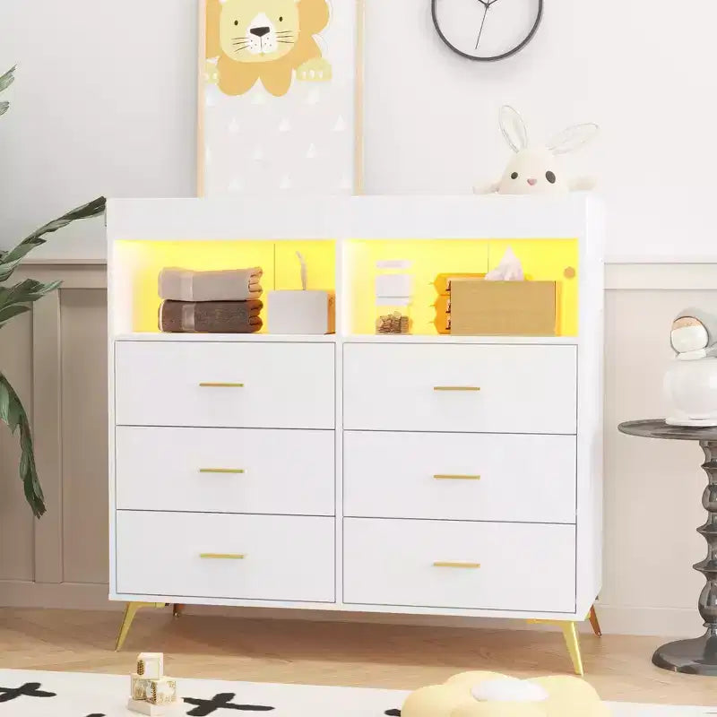 COZONY Dresser for Bedroom with Changing Table Top, 6 Drawer Baby Changing Table Dresser with Open Shelves