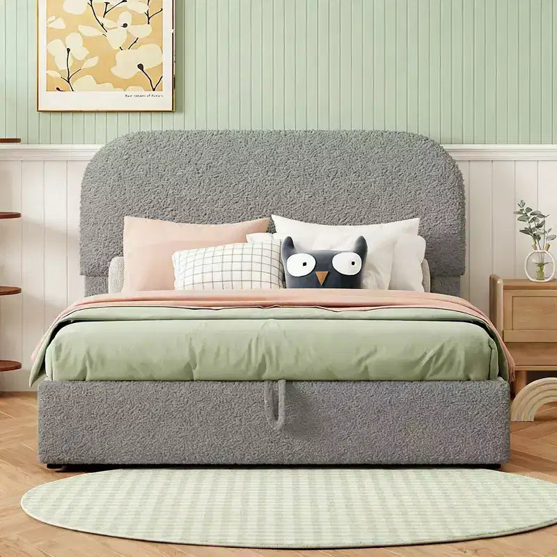 Luxystar Modern Full Size Teddy Fleece Upholstered Platform Bed with Hydraulic Storage System