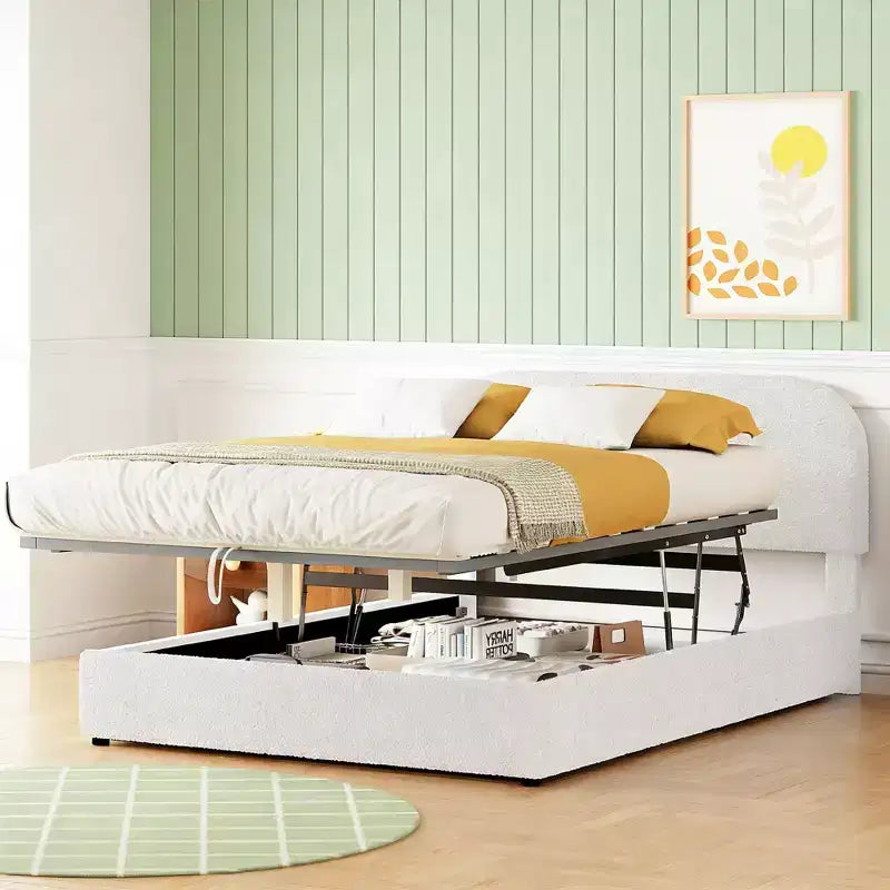 Luxystar Modern Full Size Teddy Fleece Upholstered Platform Bed with Hydraulic Storage System