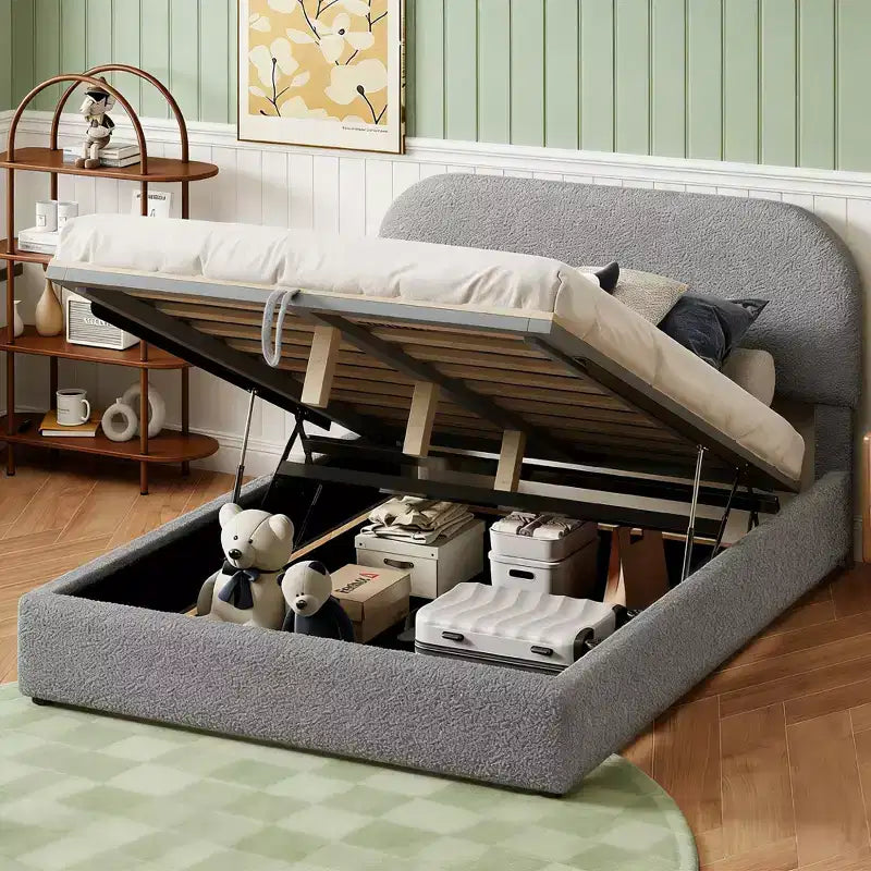 Luxystar Modern Full Size Teddy Fleece Upholstered Platform Bed with Hydraulic Storage System