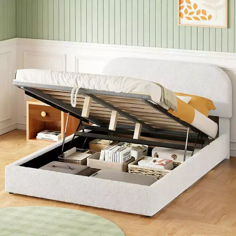 Luxystar Modern Full Size Teddy Fleece Upholstered Platform Bed with Hydraulic Storage System