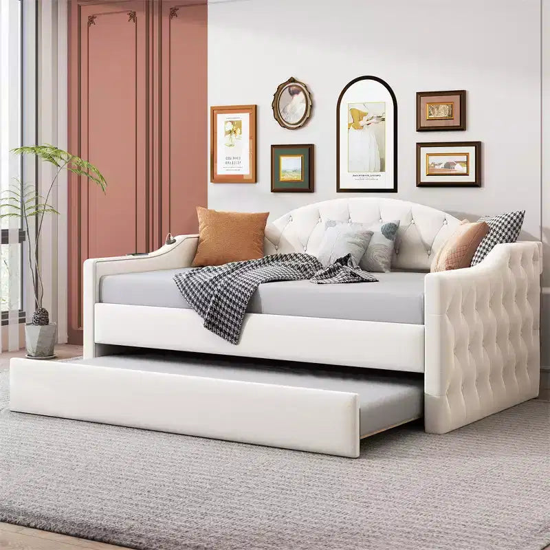 Divano letto imbottito capitonné una piazza e mezza con letto estraibile, USB, porte di ricarica Type-C, struttura in legno, nessun box spring necessario, rivestimento in velluto