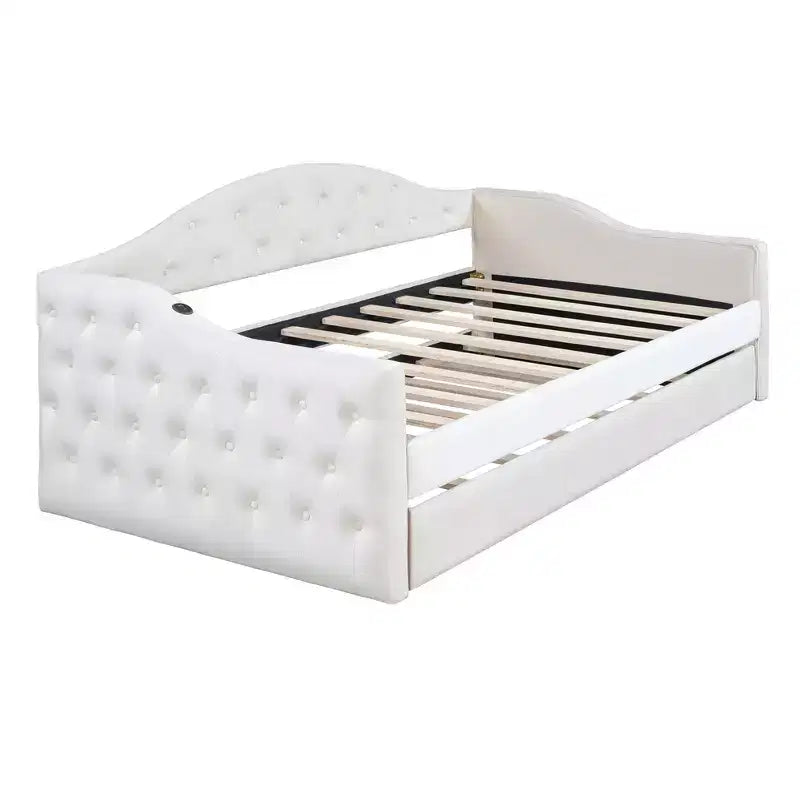 Divano letto imbottito capitonné una piazza e mezza con letto estraibile, USB, porte di ricarica Type-C, struttura in legno, nessun box spring necessario, rivestimento in velluto