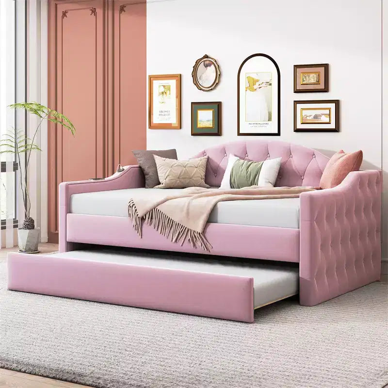 Divano letto imbottito capitonné una piazza e mezza con letto estraibile, USB, porte di ricarica Type-C, struttura in legno, nessun box spring necessario, rivestimento in velluto