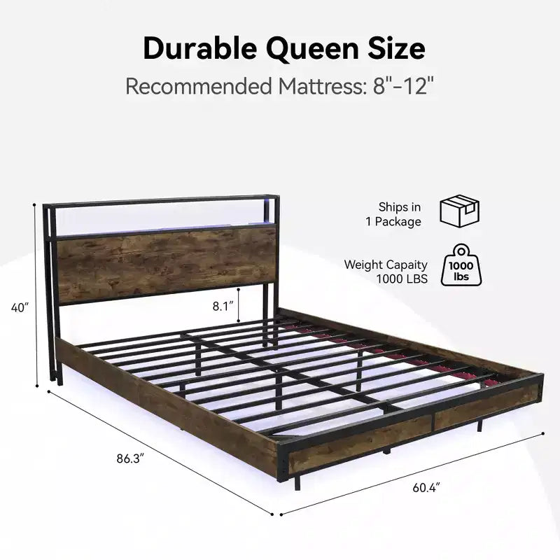Sailvan Bed Frame with Headboard, Platform Bed Frame with Storage Shelves,Metal Slats, Brown