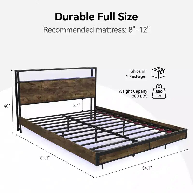 Sailvan Bed Frame with Headboard, Platform Bed Frame with Storage Shelves,Metal Slats, Brown
