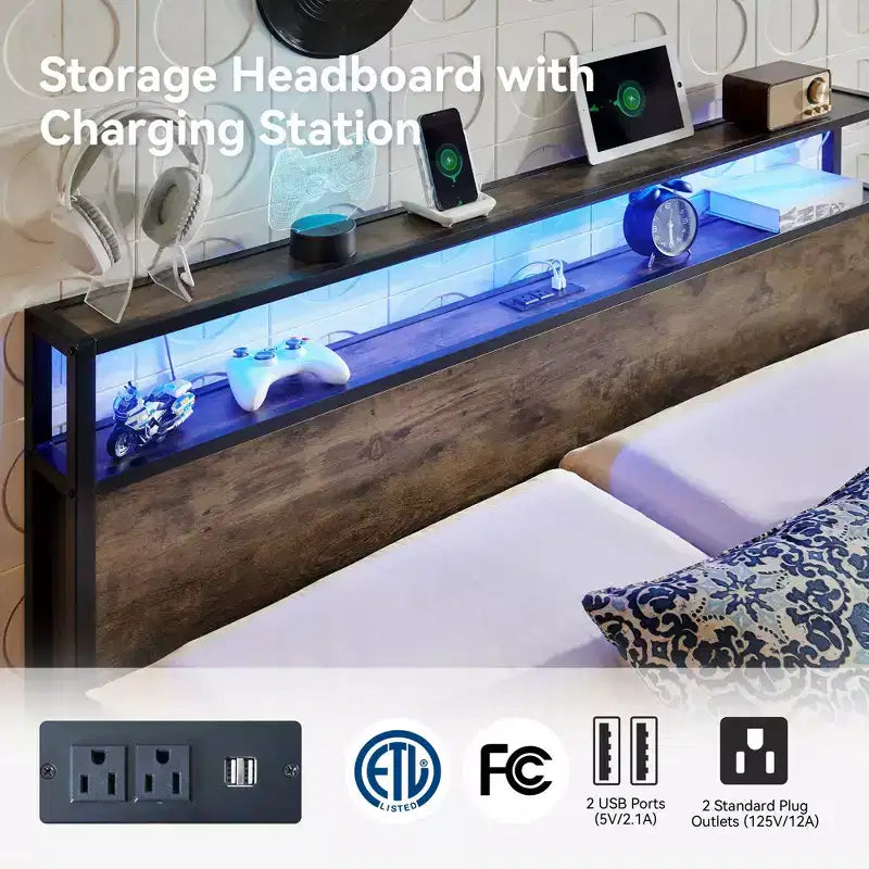 Sailvan Bed Frame with Headboard, Platform Bed Frame with Storage Shelves,Metal Slats, Brown
