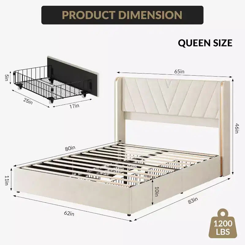 Queen Upholstered LED Bed Frame with Storage, Velvet Platform Bed with Wingback Headboard & 4 Drawers, No Box Spring Needed