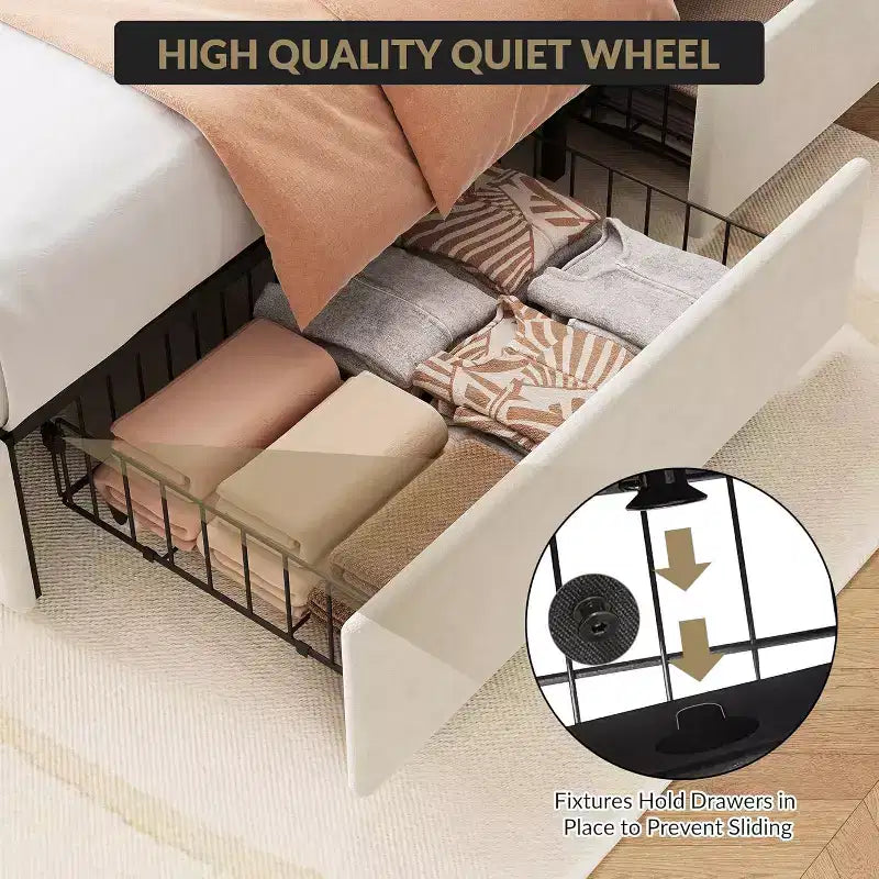 Queen Upholstered LED Bed Frame with Storage, Velvet Platform Bed with Wingback Headboard & 4 Drawers, No Box Spring Needed