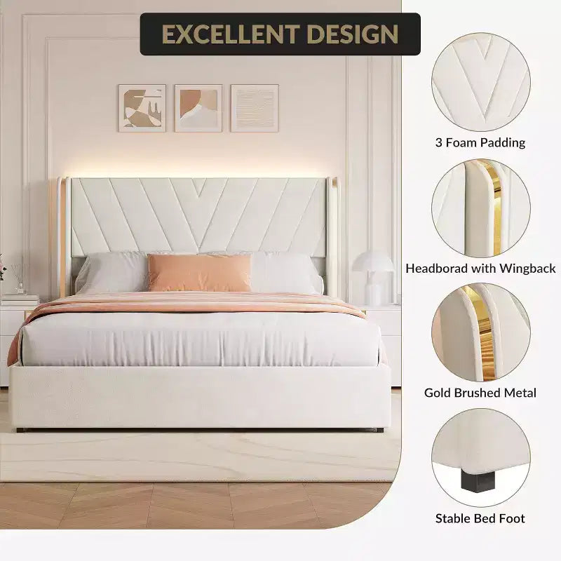 Queen Upholstered LED Bed Frame with Storage, Velvet Platform Bed with Wingback Headboard & 4 Drawers, No Box Spring Needed