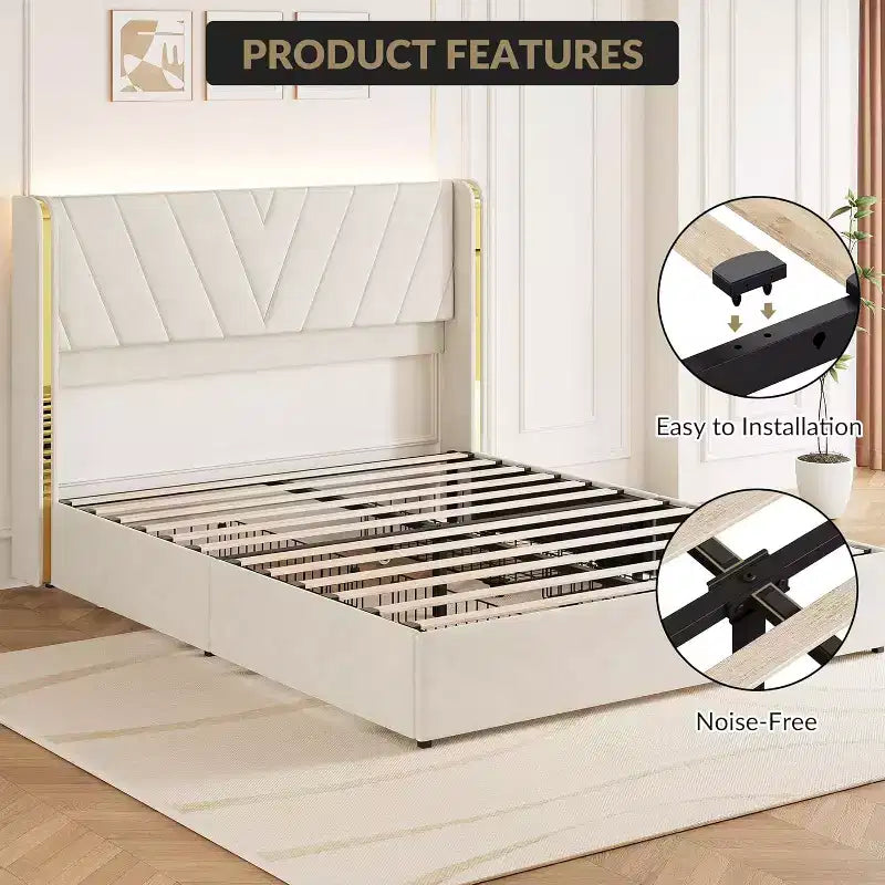 Queen Upholstered LED Bed Frame with Storage, Velvet Platform Bed with Wingback Headboard & 4 Drawers, No Box Spring Needed