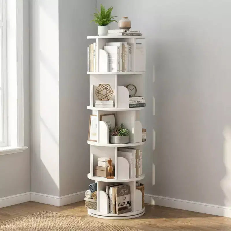 JVNOXK 5-tier rotating bookcase storage, 360 display circular rotating bookcase, space-saving, compact bedroom rotating bookcase tower, warm white