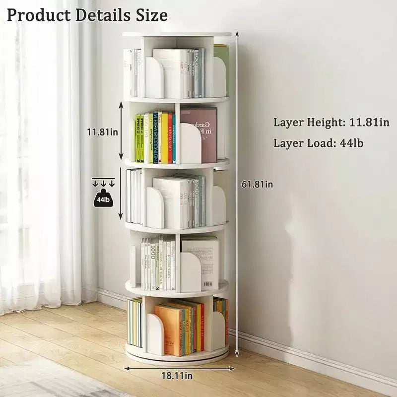 JVNOXK 5-tier rotating bookcase storage, 360 display circular rotating bookcase, space-saving, compact bedroom rotating bookcase tower, warm white