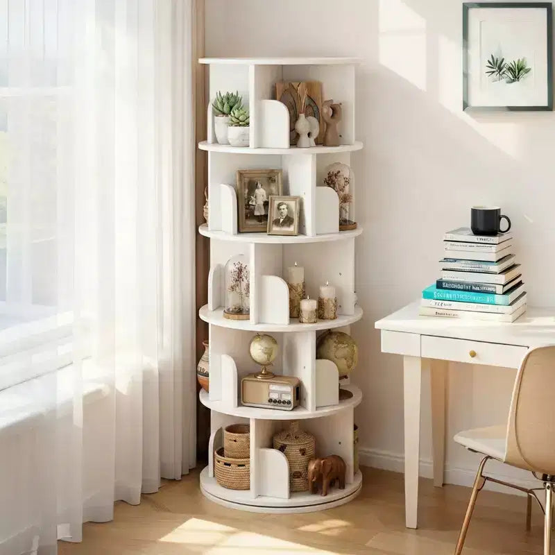 JVNOXK 5-tier rotating bookcase storage, 360 display circular rotating bookcase, space-saving, compact bedroom rotating bookcase tower, warm white