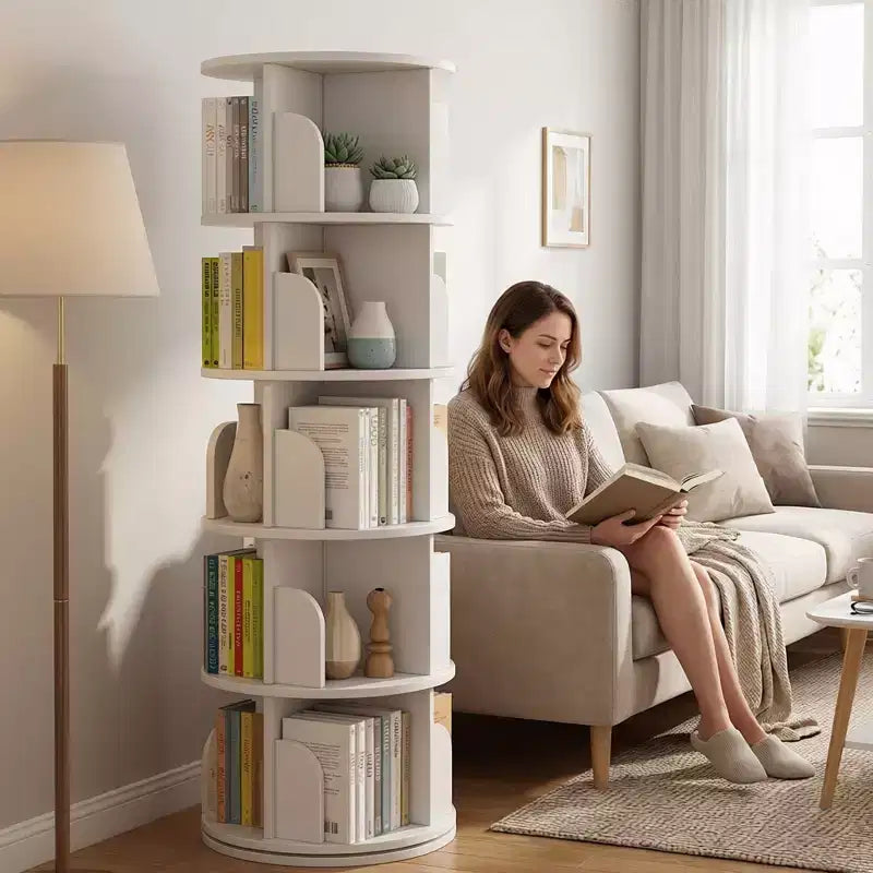 JVNOXK 5-tier rotating bookcase storage, 360 display circular rotating bookcase, space-saving, compact bedroom rotating bookcase tower, warm white
