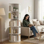 JVNOXK 5-tier rotating bookcase storage, 360 display circular rotating bookcase, space-saving, compact bedroom rotating bookcase tower, warm white