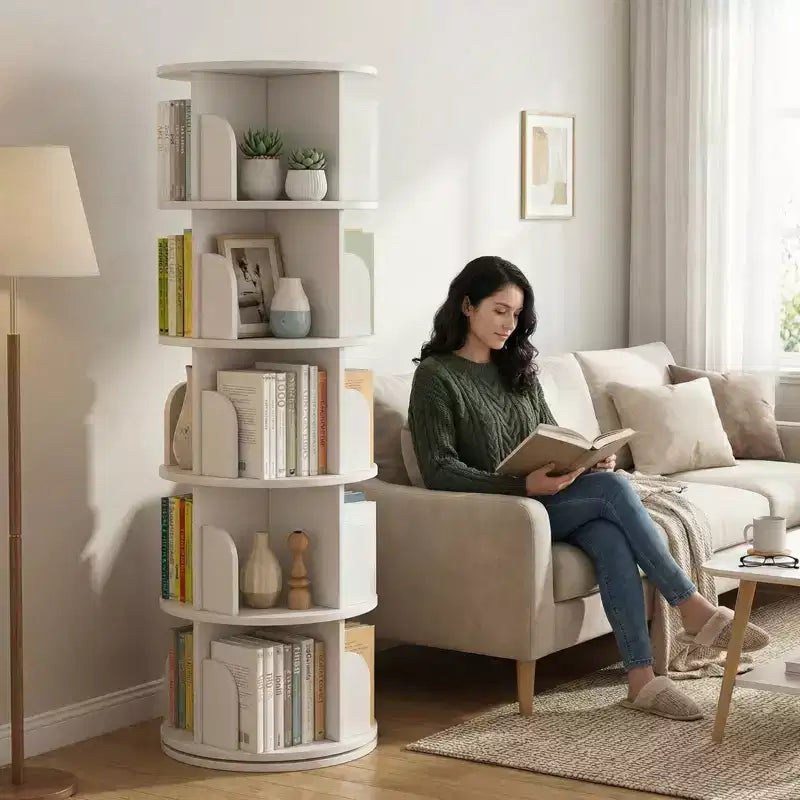 JVNOXK 5-tier rotating bookcase storage, 360 display circular rotating bookcase, space-saving, compact bedroom rotating bookcase tower, warm white