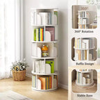 JVNOXK 5-tier rotating bookcase storage, 360 display circular rotating bookcase, space-saving, compact bedroom rotating bookcase tower, warm white