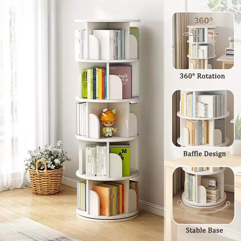 JVNOXK 5-tier rotating bookcase storage, 360 display circular rotating bookcase, space-saving, compact bedroom rotating bookcase tower, warm white