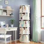 JVNOXK 5-tier rotating bookcase storage, 360 display circular rotating bookcase, space-saving, compact bedroom rotating bookcase tower, warm white